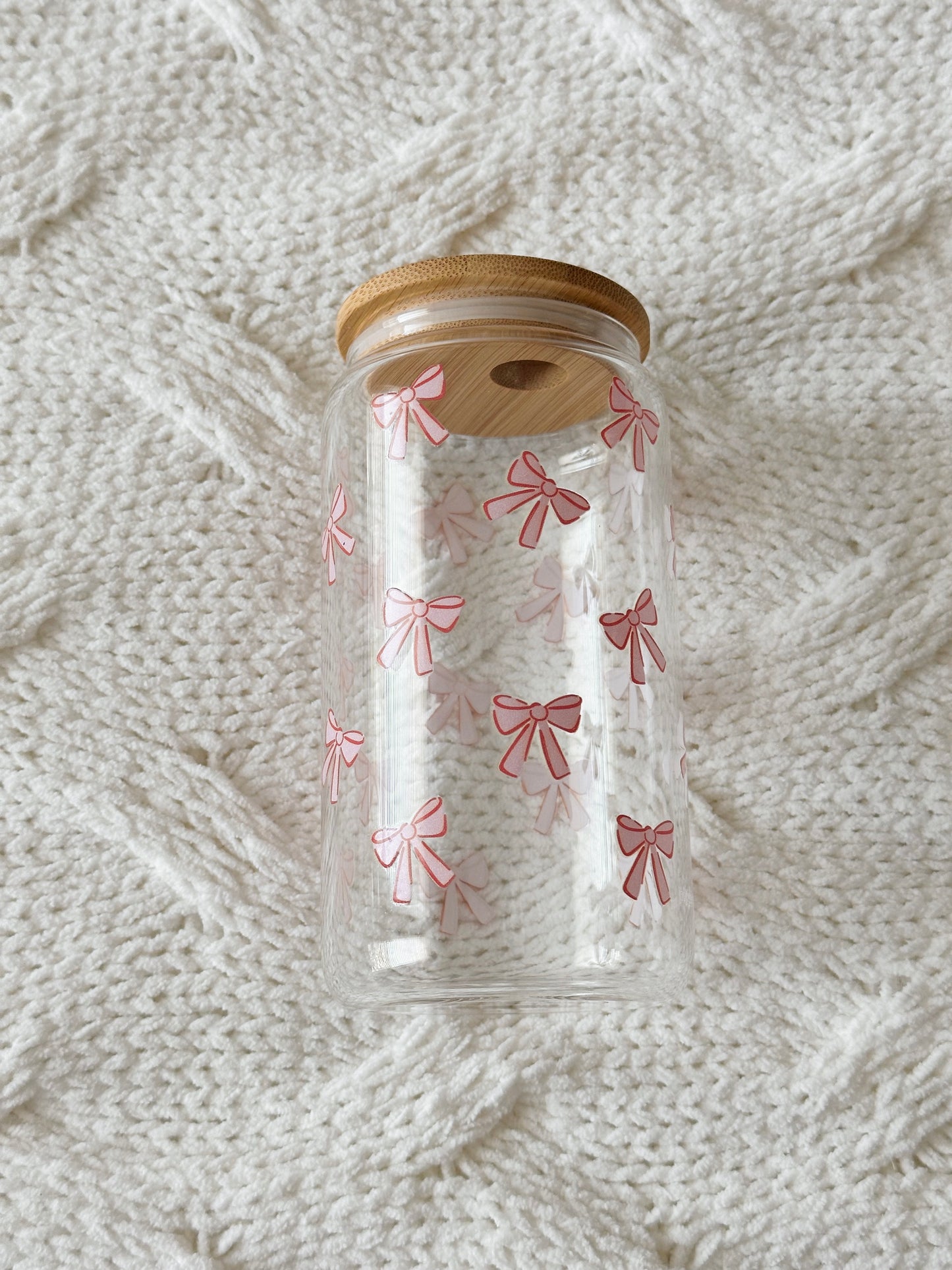 PINK COQUETTE BOWS GLASS CAN