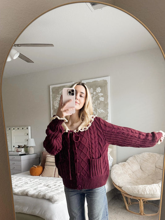 BURGUNDY CABLE KNIT CARDIGAN